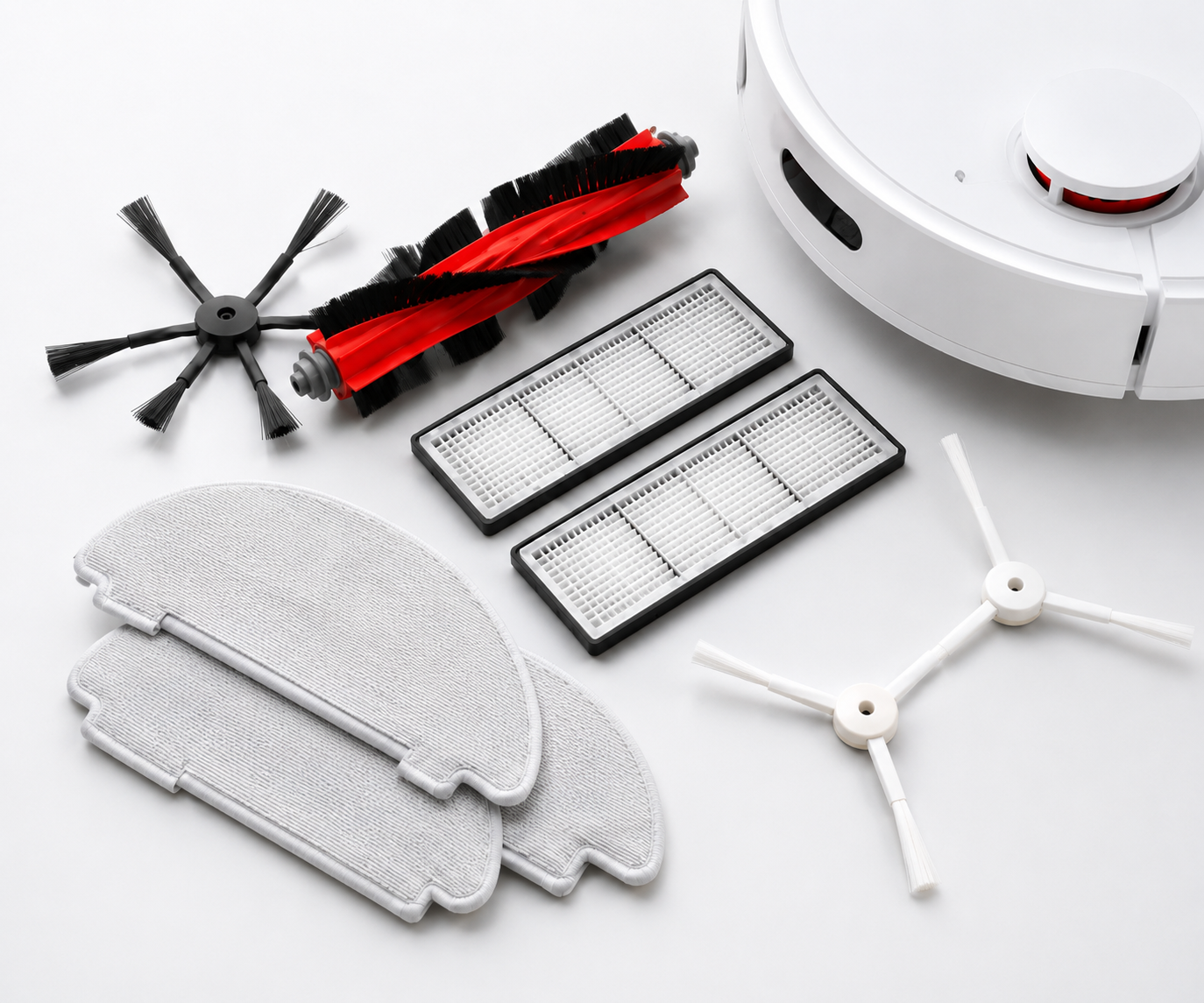 Robot vacuum cleaner with replacement brushes, filters and mop pads